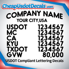 Load image into Gallery viewer, Arched Company Name with City, USDOT, MC, CA, KYU, TXDOT & GVW Lettering Number Decal (Set of 2)