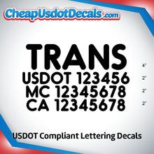Load image into Gallery viewer, Transport Company Door Decal with USDOT, MC & CA Lettering (Set of 2)