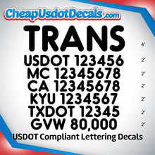 Load image into Gallery viewer, Transport Name with USDOT, MC, CA, KYU, TXDOT & GVW Number Sticker Decals (Set of 2)