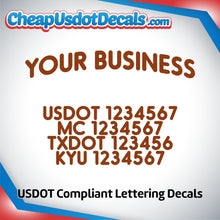 Load image into Gallery viewer, Arched Business Name with USDOT, MC, TXDOT & KYU Lettering Decal (Set of 2)