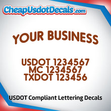 Load image into Gallery viewer, Arched Business Name with USDOT, MC & TXDOT Lettering Decal (Set of 2)