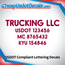 Load image into Gallery viewer, Trucking Business Name with USDOT, MC & KYU Number Decal Sticker (Set of 2)