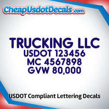 Load image into Gallery viewer, Trucking Name with USDOT, MC & GVW Number Sticker Decal (Set of 2)