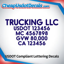 Load image into Gallery viewer, Trucking Business Name with USDOT, MC, GVW & CA Number Decal (Set of 2)