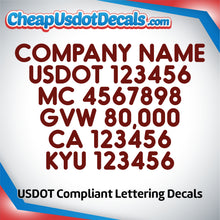 Load image into Gallery viewer, Company Name with USDOT, MC, GVW, CA & KYU Number Sticker Decal (Set of 2)