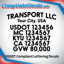 Load image into Gallery viewer, Arched Transport Name with City, USDOT, MC, KYU, CA & GVW Lettering Number Decals (Set of 2)