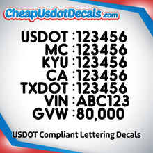 Load image into Gallery viewer, USDOT, MC, KYU, CA, TXDOT, VIN & GVW Lettering Decal Numbers (Set of 2)