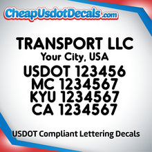 Load image into Gallery viewer, Transport Company Name with City, USDOT, MC, KYU & CA Number Sticker Decal (Set of 2)