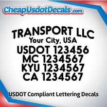 Load image into Gallery viewer, Arched Transport Company Name with City, USDOT, MC, KYU & CA Number Sticker Decal (Set of 2)