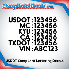 Load image into Gallery viewer, USDOT, MC, KYU, CA, TXDOT & VIN Numbers Sticker Decals (Set of 2)