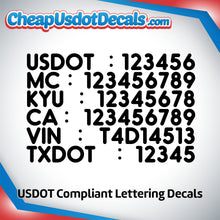 Load image into Gallery viewer, USDOT, MC, KYU, CA, VIN & TXDOT Number Sticker Decal (Set of 2)