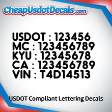 Load image into Gallery viewer, USDOT, MC, KYU, CA & VIN Number Sticker Decal (Set of 2)