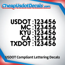Load image into Gallery viewer, USDOT, MC, KYU, CA & TXDOT Number Sticker Decal (Set of 2)