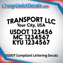 Load image into Gallery viewer, Arched Transport Company Name with City, USDOT, MC & KYU Lettering Decal Sticker (Set of 2)