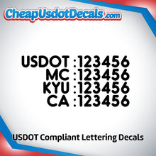 Load image into Gallery viewer, USDOT, MC, KYU & CA Number Decal Sticker (Set of 2)