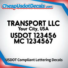 Load image into Gallery viewer, Transport Business Name with Origin City & USDOT MC Lettering Decal (Set of 2)