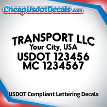 Load image into Gallery viewer, Arched Transport Business Name with USDOT MC Lettering Decal (Set of 2)
