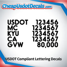 Load image into Gallery viewer, USDOT, MC, KYU, CA & GVW Lettering Sticker Decals (Set of 2)
