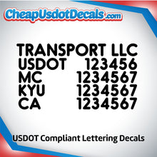 Load image into Gallery viewer, Transport Company Name with USDOT, MC, KYU & CA Lettering Numbers (Set of 2)