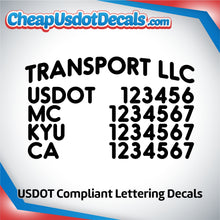 Load image into Gallery viewer, Arched Transport Company Name with USDOT, MC, KYU & CA Lettering Numbers (Set of 2)