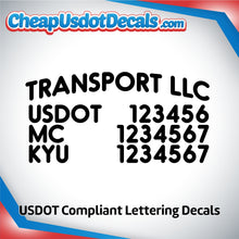 Load image into Gallery viewer, Arched Transport Name with USDOT MC KYU Numbers Lettering Decal (Set of 2)