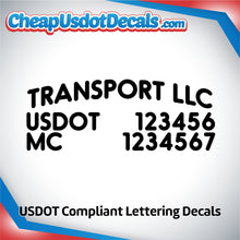 Load image into Gallery viewer, Arched Transport Name with USDOT & MC Lettering Decal (Set of 2)