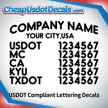 Load image into Gallery viewer, Arched Company Name with City, USDOT, MC, CA, KYU &amp; TXDOT Number Decal Sticker (Set of 2)
