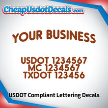 Load image into Gallery viewer, Arched Business Name with USDOT, MC &amp; TXDOT Lettering Decal (Set of 2)
