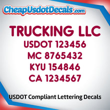 Load image into Gallery viewer, Trucking Business Name with USDOT, MC, KYU &amp; CA Lettering Decal (Set of 2)
