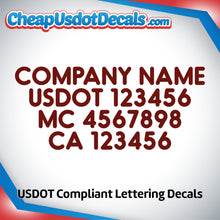Load image into Gallery viewer, Company Name with USDOT, MC &amp; CA Lettering Sticker (Set of 2)
