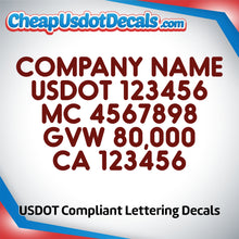 Load image into Gallery viewer, Company Name with USDOT, MC, GVW &amp; CA Lettering Number Decal (Set of 2)
