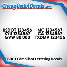 Load image into Gallery viewer, USDOT, MC, KYU, CA, GVW &amp; TXDMV Number Sticker Decal (Set of 2)
